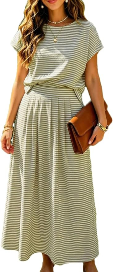 Women's Summer 2 Piece Outfits Striped Skirt Sets Cap Sleeve Crop Top Midi Dress Matching Travel ... | Amazon (US)