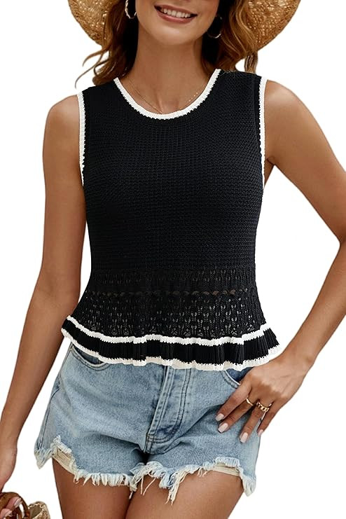 CiCiBird Women Cute Crop Sweaters Vest Knit Sleeveless Pullover Tops Crochet Ruffle Hem Tank | Amazon (US)