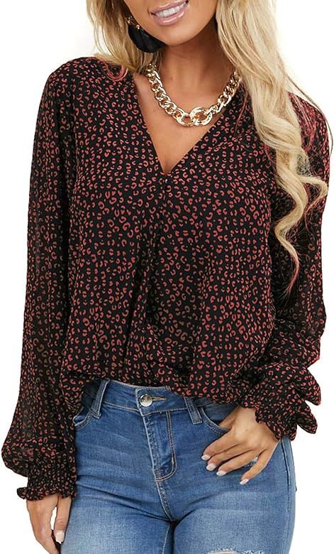 MLEBR Womens Fashion Autumn Leopard Printed Long Sleeve V Neck Casual High Low Hem Chiffon Blouse... | Amazon (US)