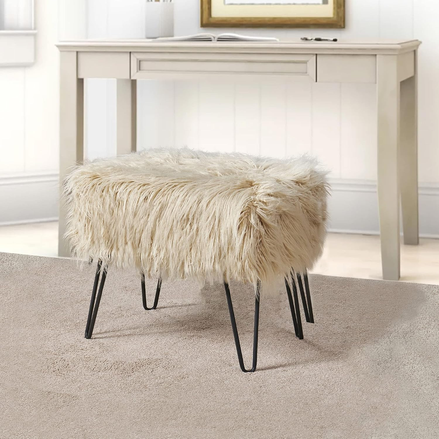 Beige Plush Faux Fur Ottoman 19.5"x12.5"x17"H Entryway Bench Comfy Fluffy Shaggy Makeup Stools with Metal Leg Foot Rest Cream Foot Stool Bedroom End of Bed Living Room Couch Vanity Home Decor | Amazon (US)