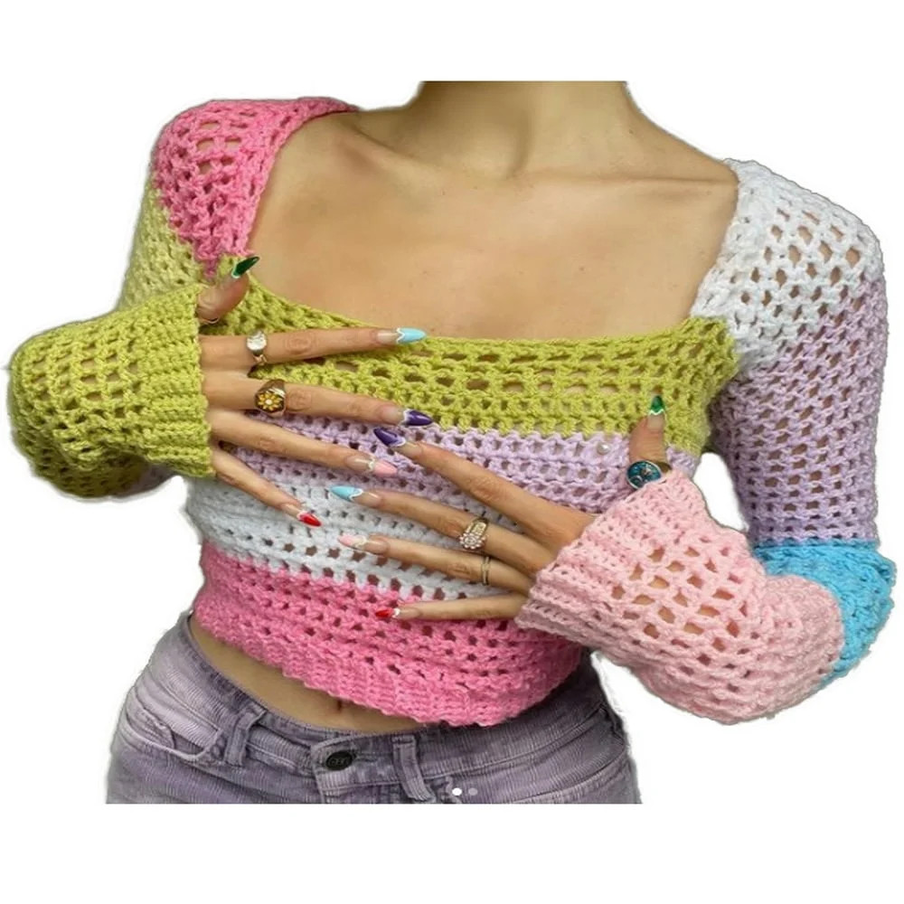 Women Crochet Knit Crop Tops  Summer Long Sleeve Color Block Hollow Out Loose Fit T-Shirts | Walmart (CA)