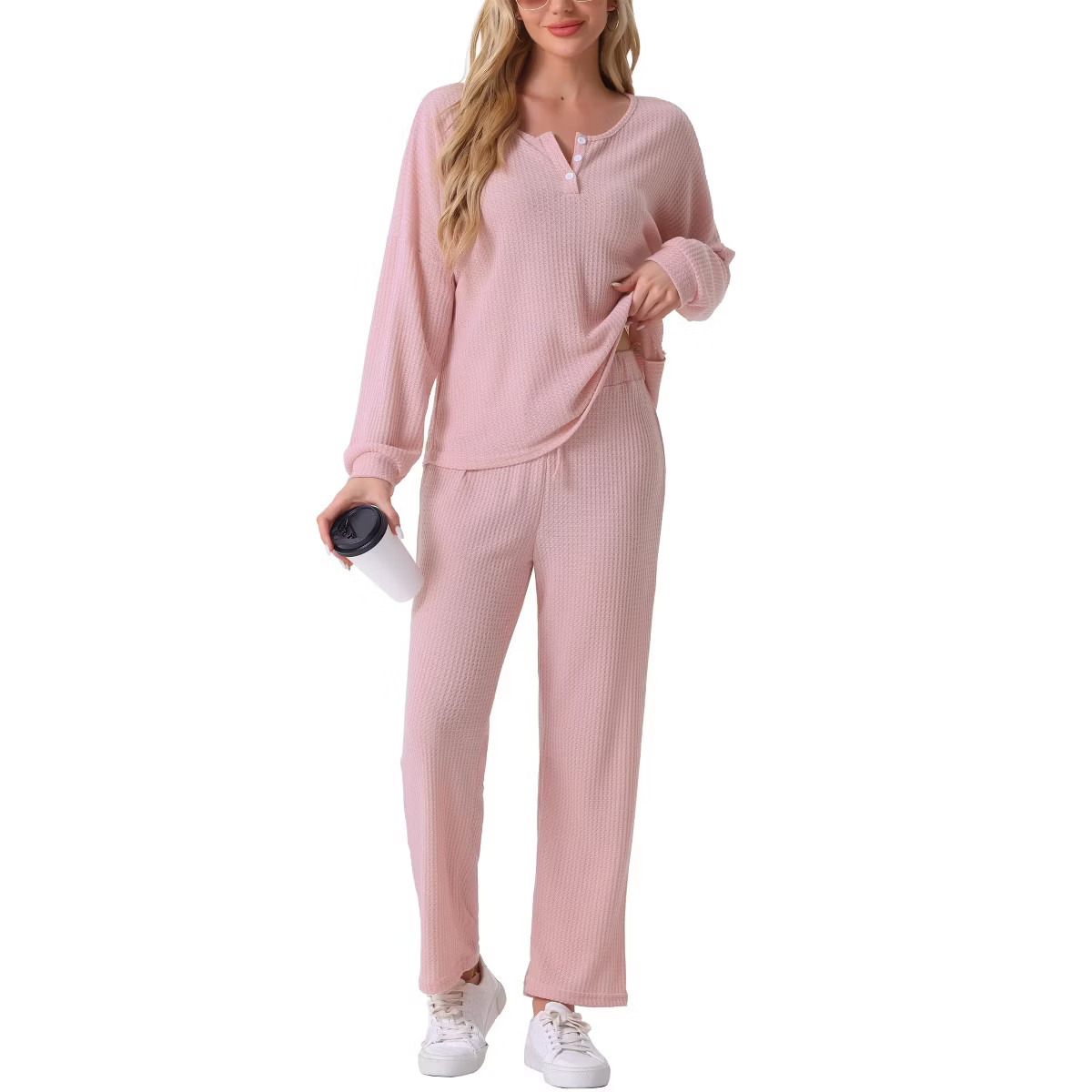 cheibear Women's Waffle Knit Lounge Longsleeve Pajama Set 2 Pcs | Target