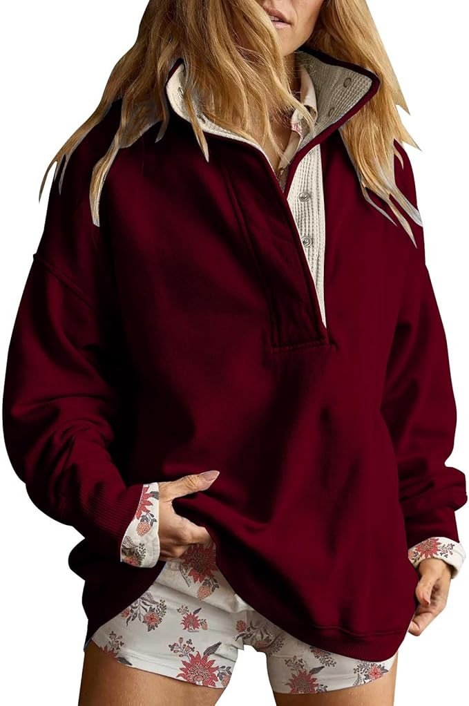 Womens Sweatshirts Trendy Long Sleeve Oversized Pullover Tops Fall Fashion Half Button Henley Nec... | Amazon (US)