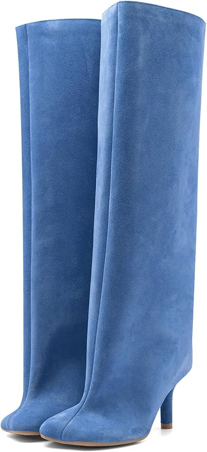 Women's Knee High Suede Boots for Women Wide Calf Square Toe Stiletto Heels Tall Boots Pull On Hi... | Amazon (US)