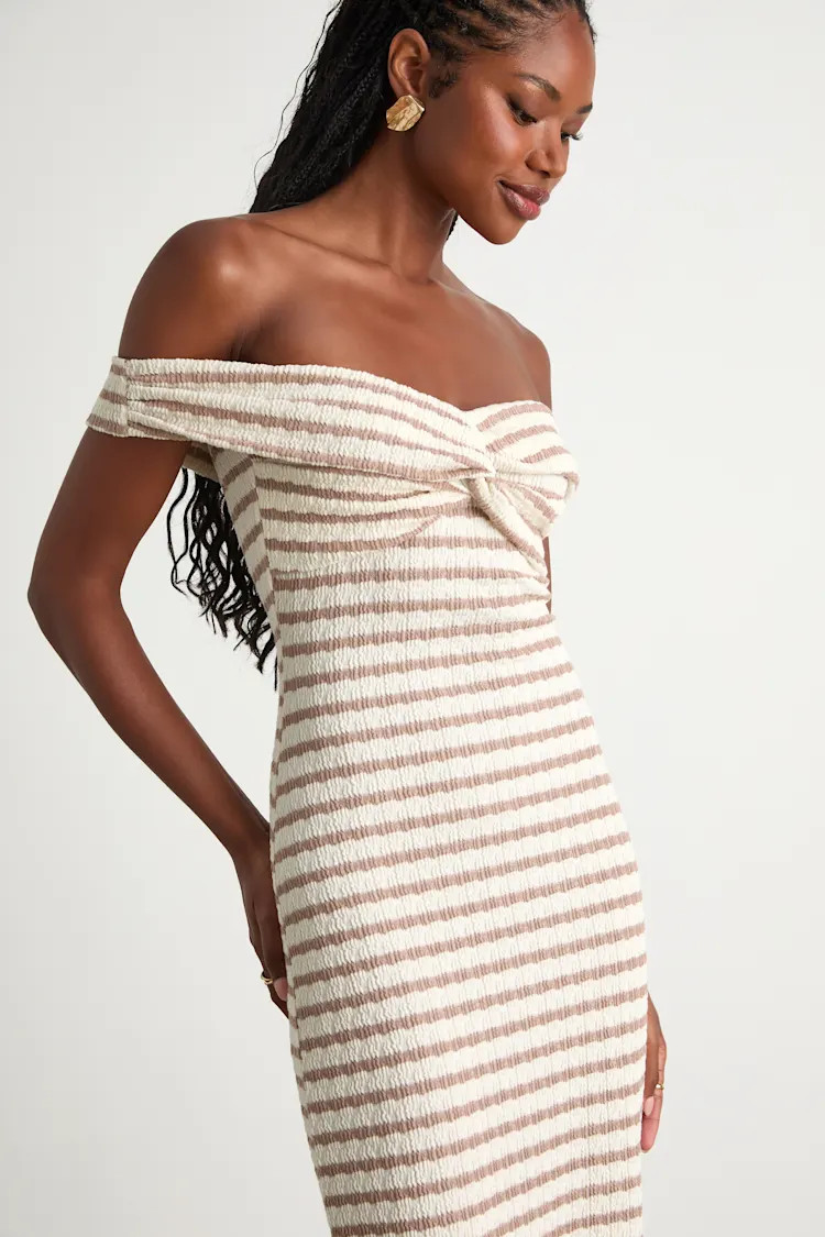 Baia Ivory and Taupe Striped Off-the-Shoulder Midi Dress | Lulus