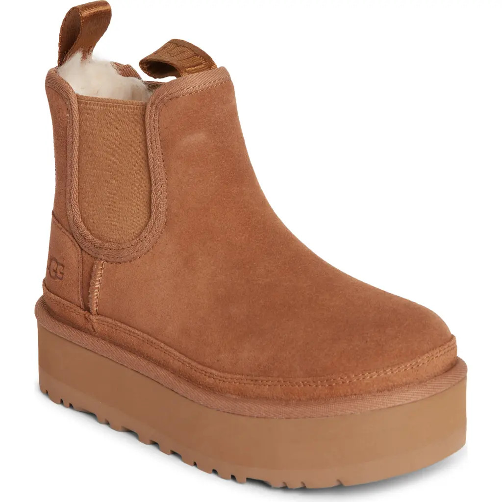 UGG(r) Kids' Neumel Water Resistant Genuine Shearling Platform Chelsea Boot in Chestnut at Nordstrom, Size 2 M | Nordstrom