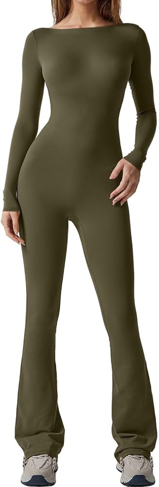 QINSEN Womens Sexy Open Back Long Sleeve Flared Bottom Pants Romper Bodycon Jumpsuit | Amazon (US)