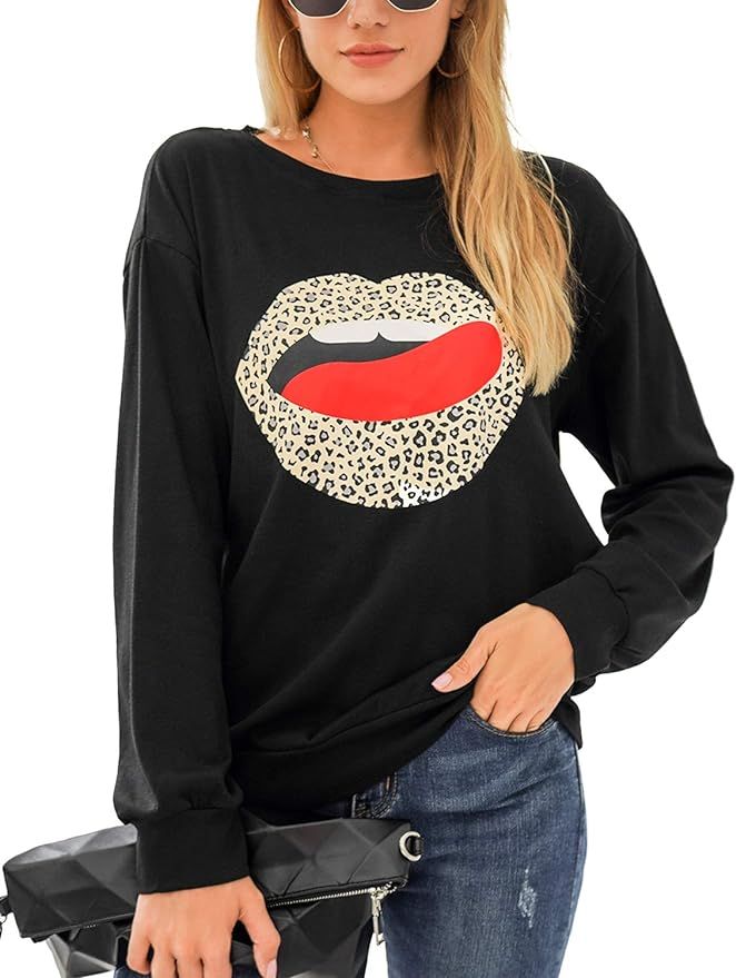 Blooming Jelly Womens Crewneck Sweatshirt Graphic Leopard Lips Print Tongue Pullover Cute Tops | Amazon (US)