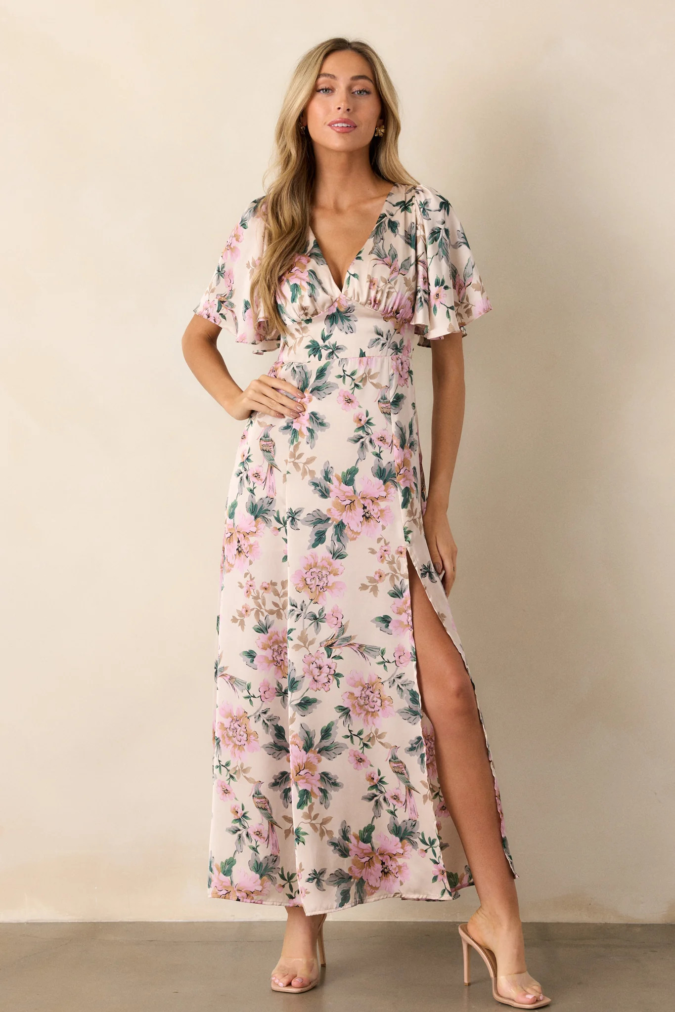 Rosewood Romance Ivory Multi Floral Flutter Sleeve Maxi Dress | Red Dress