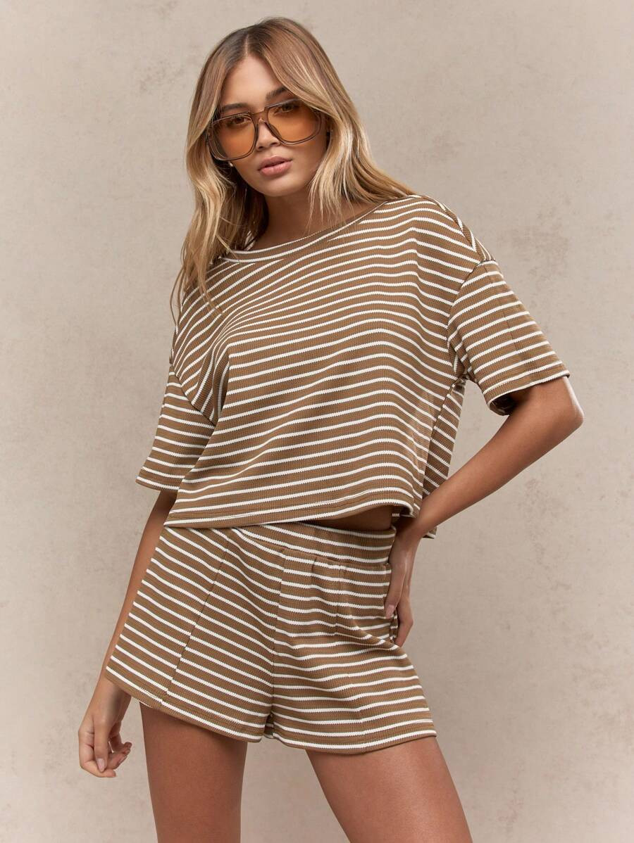 MISSGUIDED Ribbed Knit Lounge Two Piece Outfit Half Sleeve Oversized Top High Waist Shorts Set Ca... | SHEIN