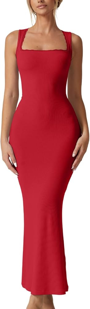 QINSEN Women's Square Neck with Lace Detail Long Maxi Dress Sleeveless Lounge Ribbed Full Length ... | Amazon (US)