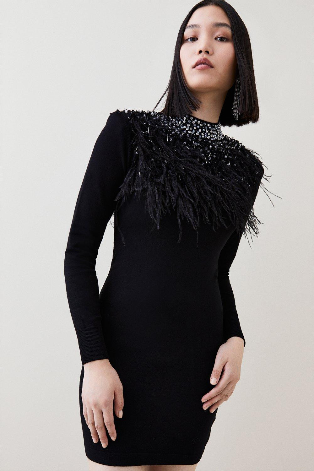 Feather Embellished Knit Mini Dress | Karen Millen UK + IE + DE + NL