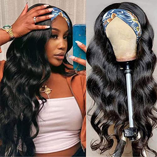 Beauty Forever Headband Wig Human Hair Wigs Body Wave Glueless Human Hair Wig With Pre-attached Scarf Non Lace Wigs for women Wear and Go Wig No Glue No Sew In Natural Color 150% Density 24 Inch | Amazon (US)