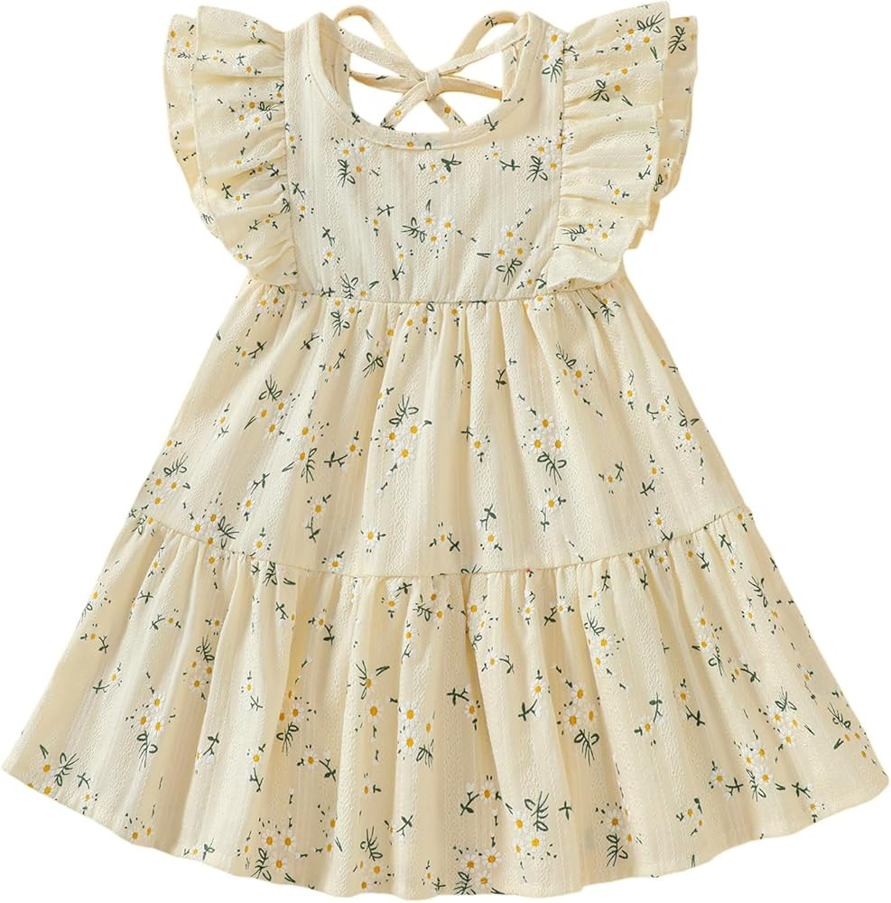 Toddler Baby Girl Dress Cotton Linen Ruffle Sleeveless Floral Dresses Kids Summer Sundress | Amazon (US)