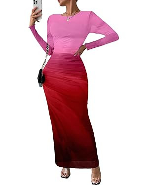 MARZXIN Women Long Sleeve Maxi Dress Bodycon Ruched Formal Slim Fit Tie Dye Dress Formal Mesh Dre... | Amazon (US)
