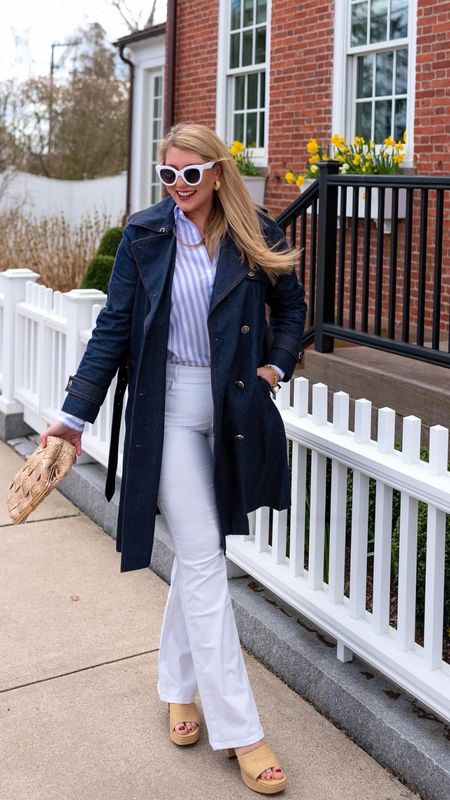 This outfit marked down again! Lilac striped shirt, bootcut white jeans in tall too, denim trench coat, raffia platform mules, basket weave clutch

#LTKover40 #LTKsalealert #LTKfindsunder100