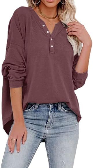 REVETRO Womens V Neck Sweatshirts Long Sleeve Henley Shirts Causal Button Down Tunic Tops | Amazon (US)