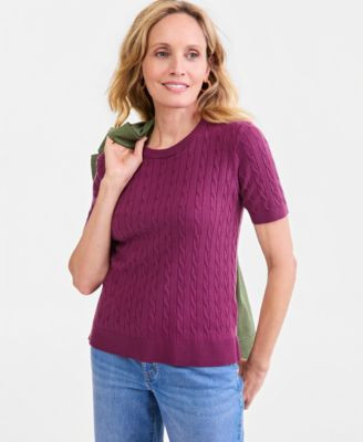 Style & Co Women's Cable-Knit Short-Sleeve Sweater, Macy's Exclusive - Pretty Peri | Macy's