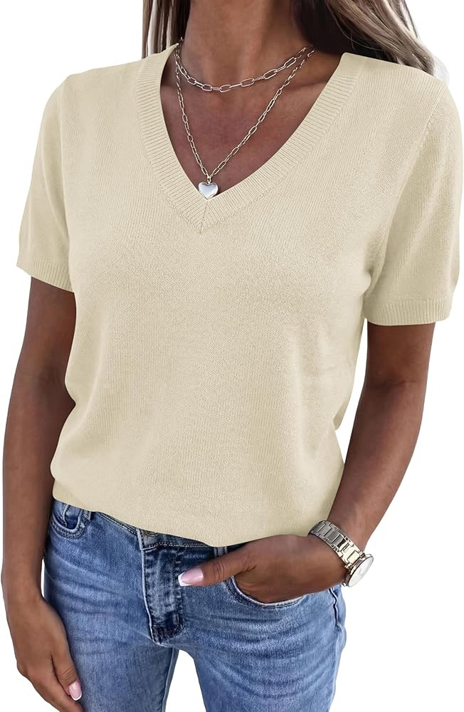 PRETTYGARDEN Womens Short Sleeve Sweater V Neck Trendy Pullover Tops 2026 Summer Spring Loose Lig... | Amazon (US)