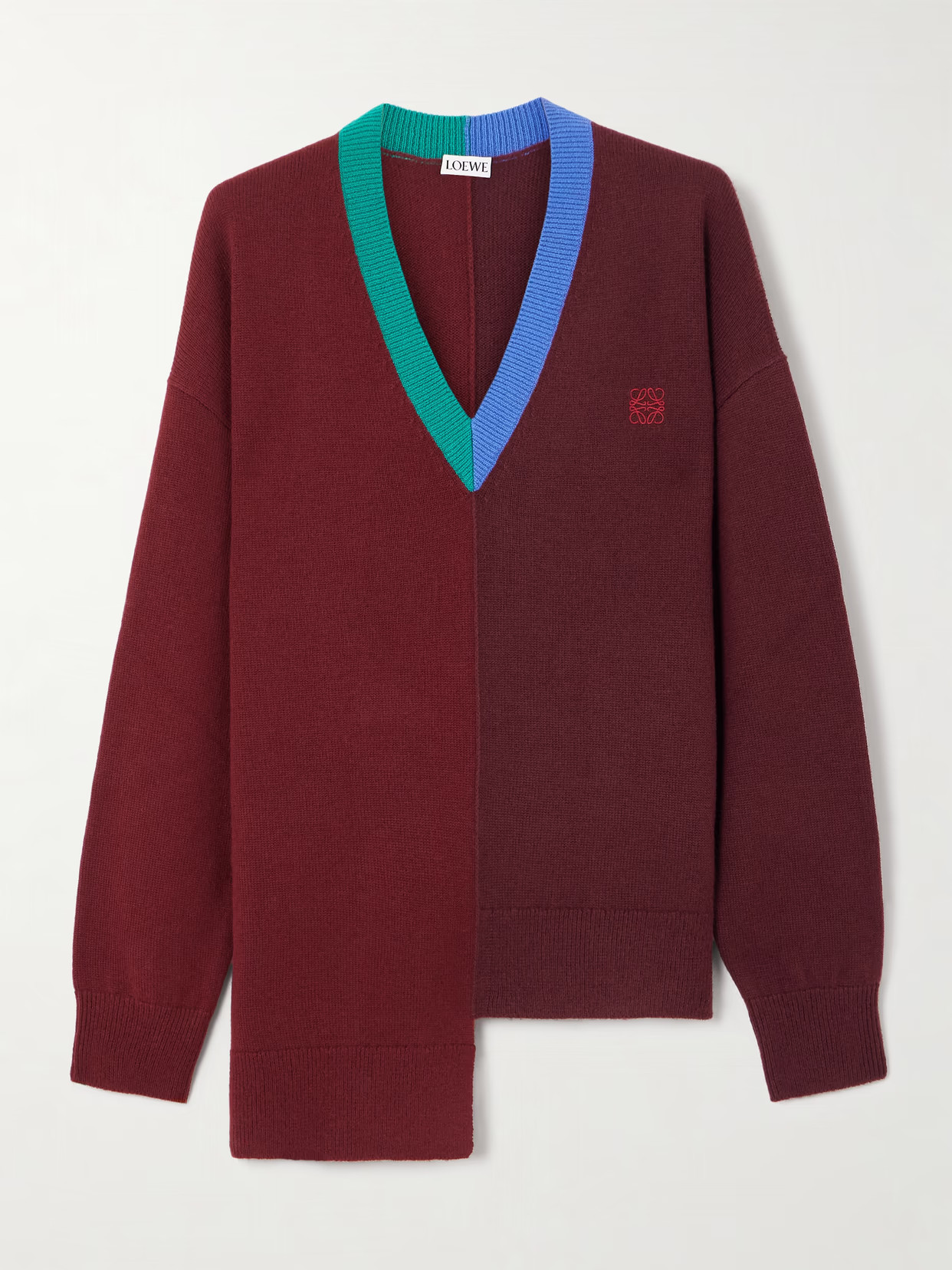LOEWE - Asymmetric Embroidered Wool-blend Sweater - Burgundy | NET-A-PORTER (US)