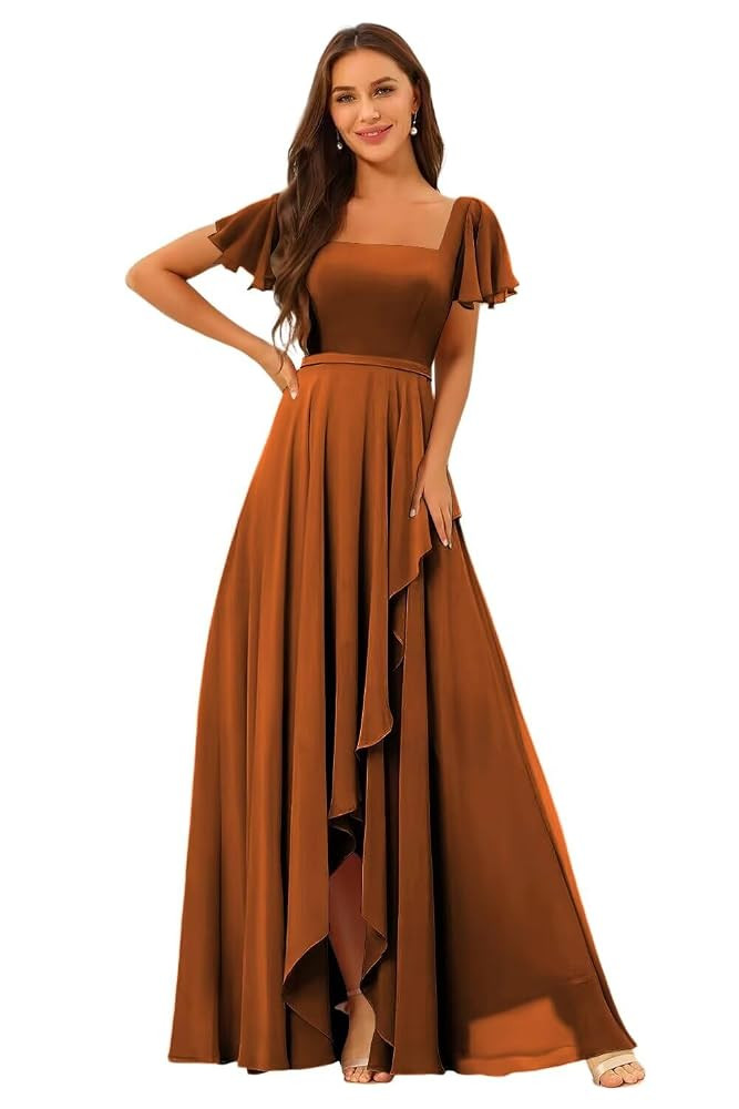 Square Neck Bridesmaid Dresses 2025 with Sleeve Long Chiffon Formal Evening Dress QA004 | Amazon (US)