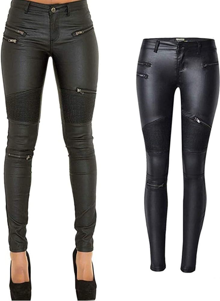 PU Leather Denim Pants for Women Sexy Tight Stretchy Rider Leggings Black Coffee | Amazon (US)