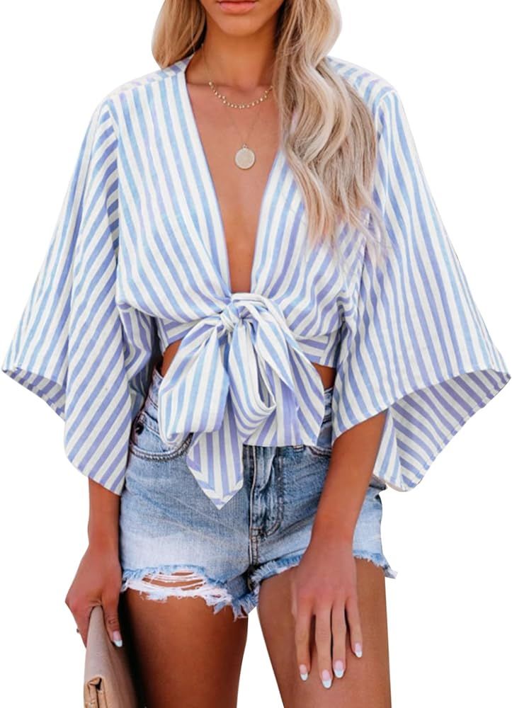 SHEWIN Womens Casual Self Tie Knot Front Striped Crop Tops Deep V Neck Chiffon Blouse Shirts | Amazon (US)