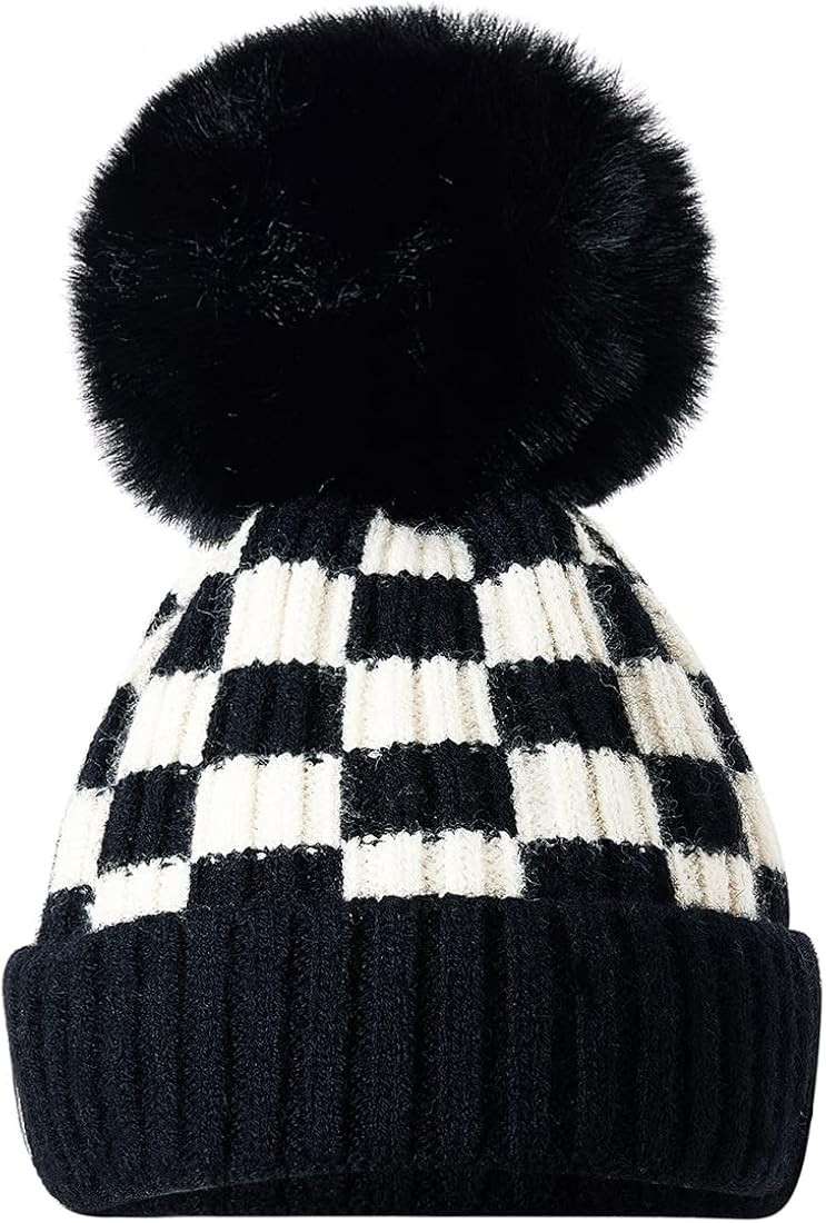 vchoohce Toddler Kids Baby Beanie Hat Knitted Thick Winter Caps Cute Checkerboard Pompom Hats for... | Amazon (US)