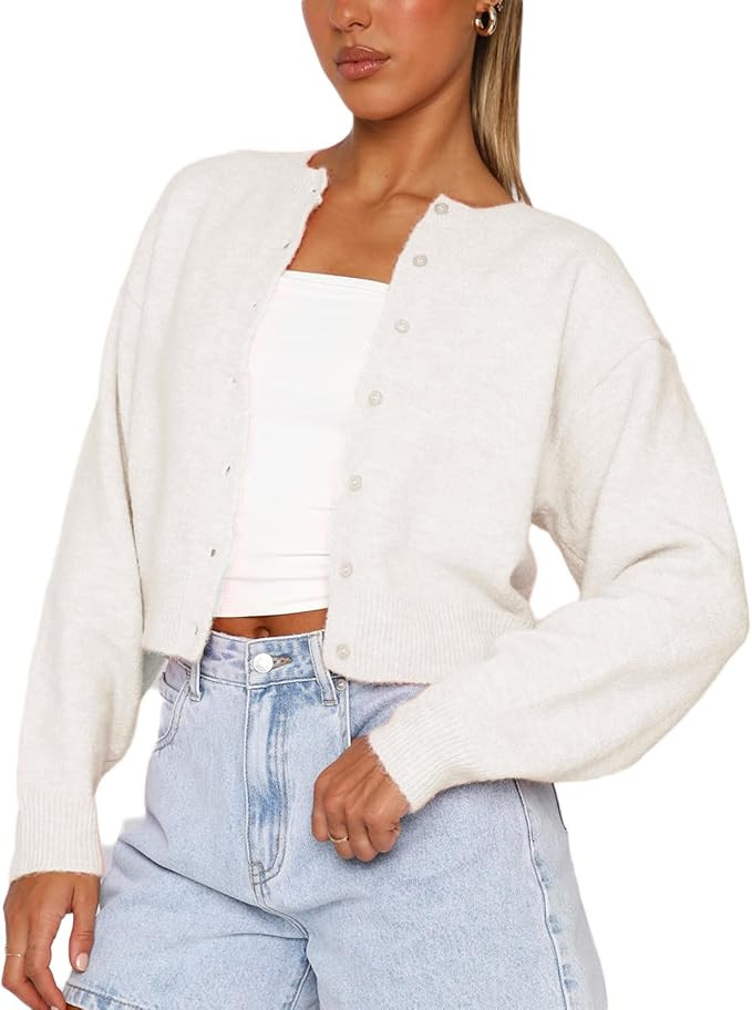 Women Y2K Button Front Crop Sweater Cardigan Solid Color Crew Neck Long Sleeve Knit Fall Tops Str... | Amazon (US)