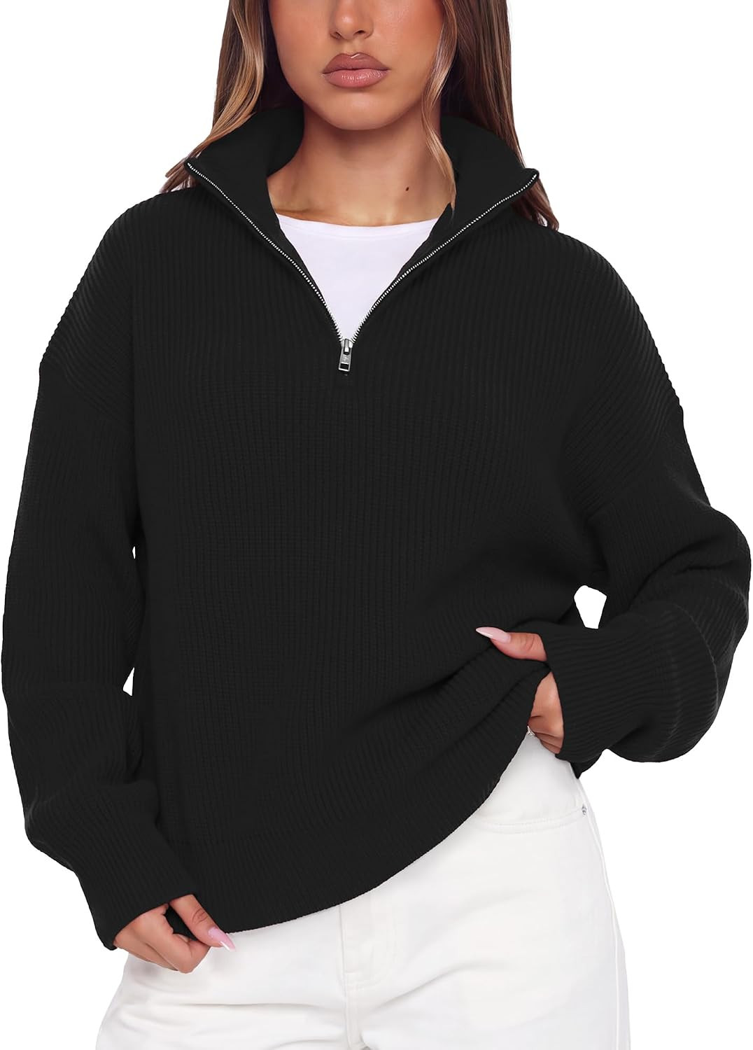 SUUKSESS Women Cashmere Blend Oversized Quarter Zip Pullover Sweater | Amazon (US)
