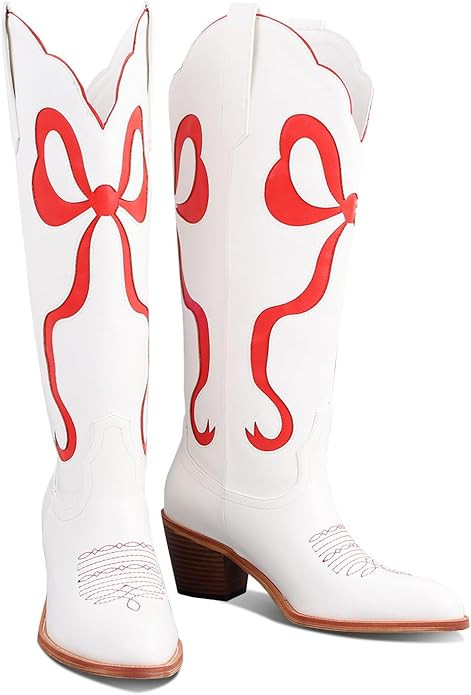 LingxiaUne Western Cowboy Boots - White Cowboy Boots with Bow Mid Calf Cowgirl Boot for Women Com... | Amazon (US)