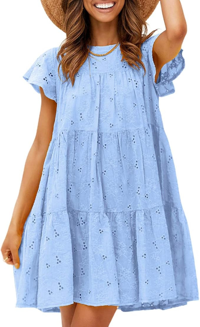 Amegoya Women's Casual Cotton Embroidery Dress Babydoll A-line Mini Dress with Belt | Amazon (US)