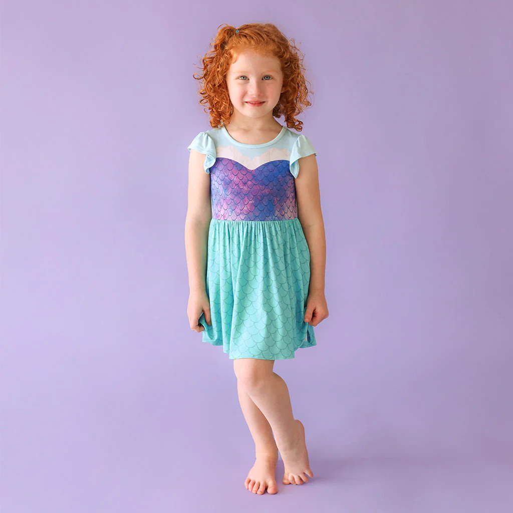 Ariel Blue Ruffled Cap Sleeve Girl Twirl Dress | Posh Peanut | Disney's The Little Mermaid | Posh Peanut