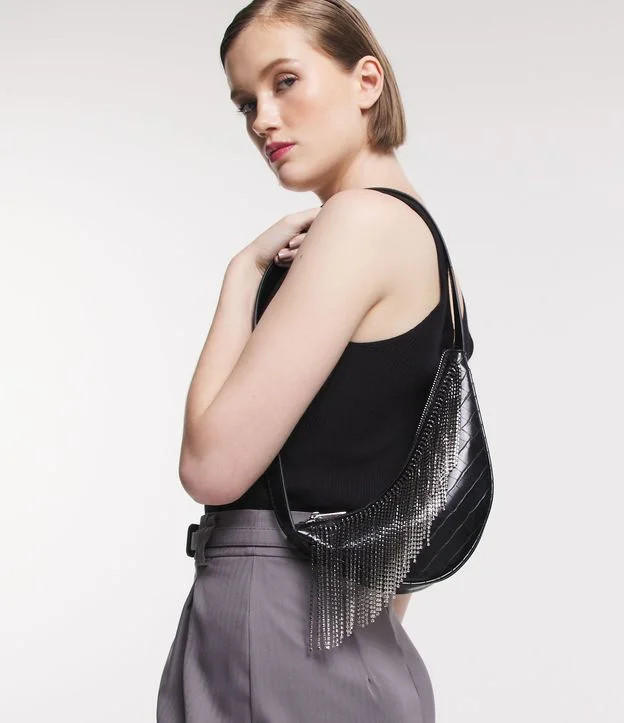 Bolsa Baguete com Franjas de Strass em Degradê Preto | Renner (BR)