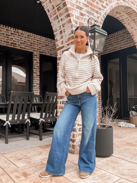 Casual spring Saturday outfit - wide leg jeans with cozy cream striped sweater, great throw on for spring layering 

#LTKsalealert #LTKSeasonal #LTKfindsunder50
