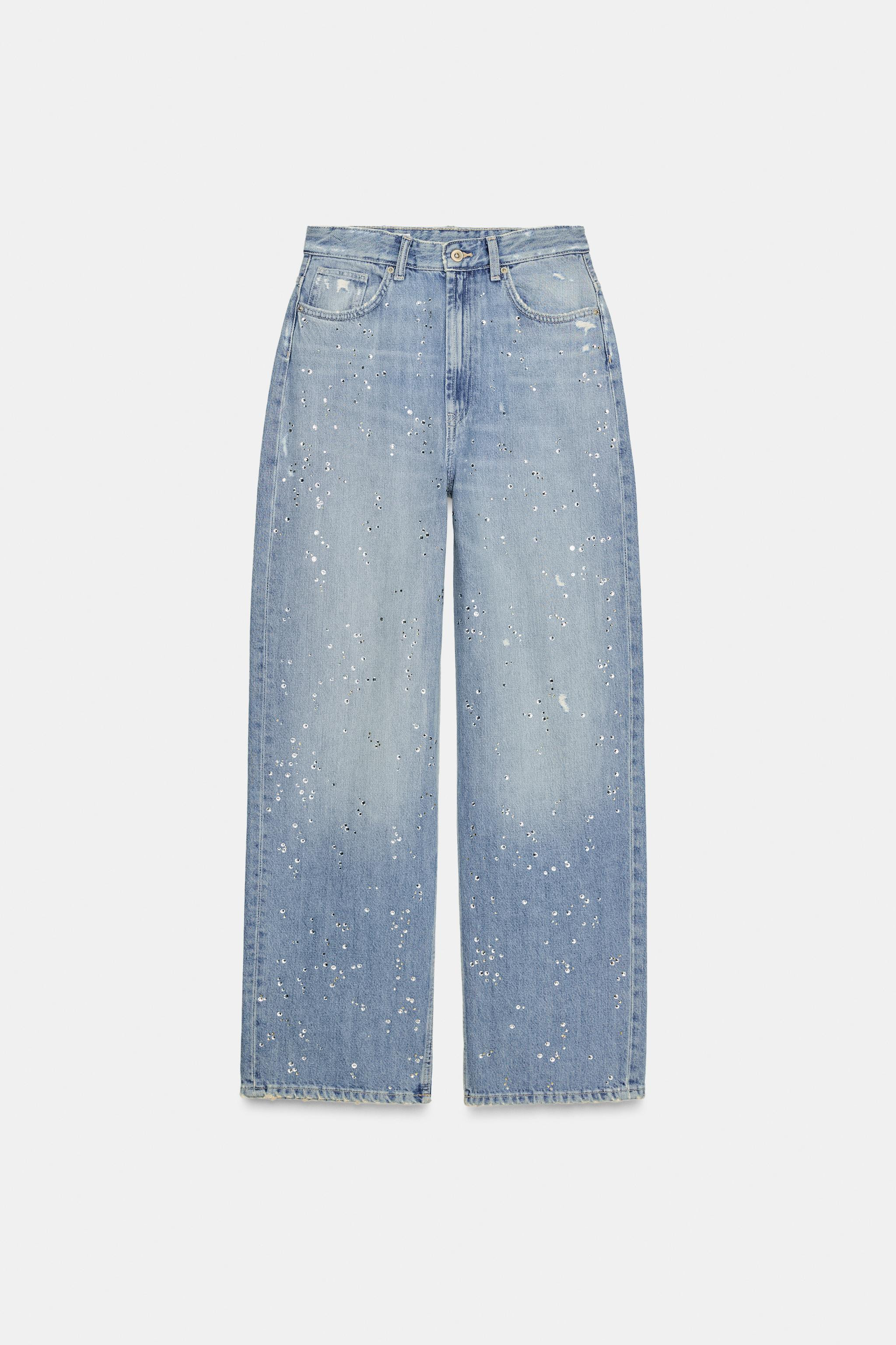 TRF STRAIGHT-LEG RHINESTONE HIGH-WAIST JEANS | Zara UK