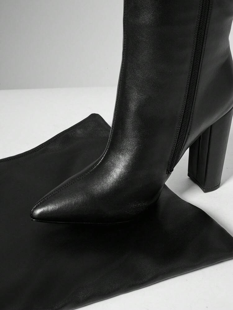 SHUZIA Fabulous Women's Black Faux Leather PU Point Toe Sexy Over The Knee Slouchy Chunky Heel Wi... | SHEIN