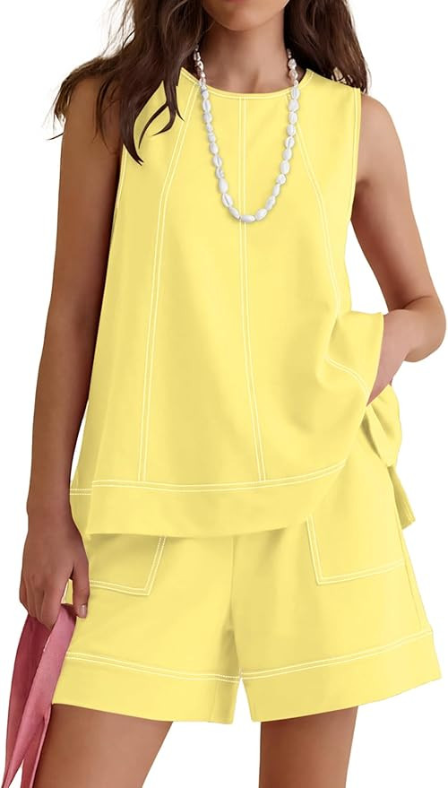 LOMON Womens Two Piece Short Sets Summer Round Neck Sleeveless Tank Tops Drawstring Elastic Waist... | Amazon (US)