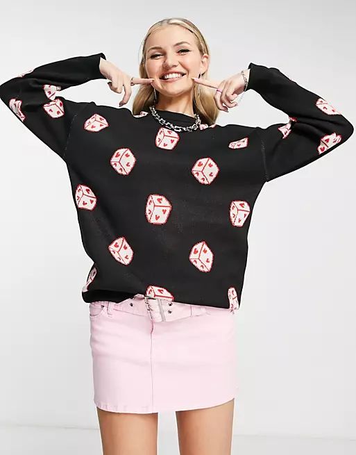 Daisy Street relaxed knitted sweater with dice print | ASOS (Global)