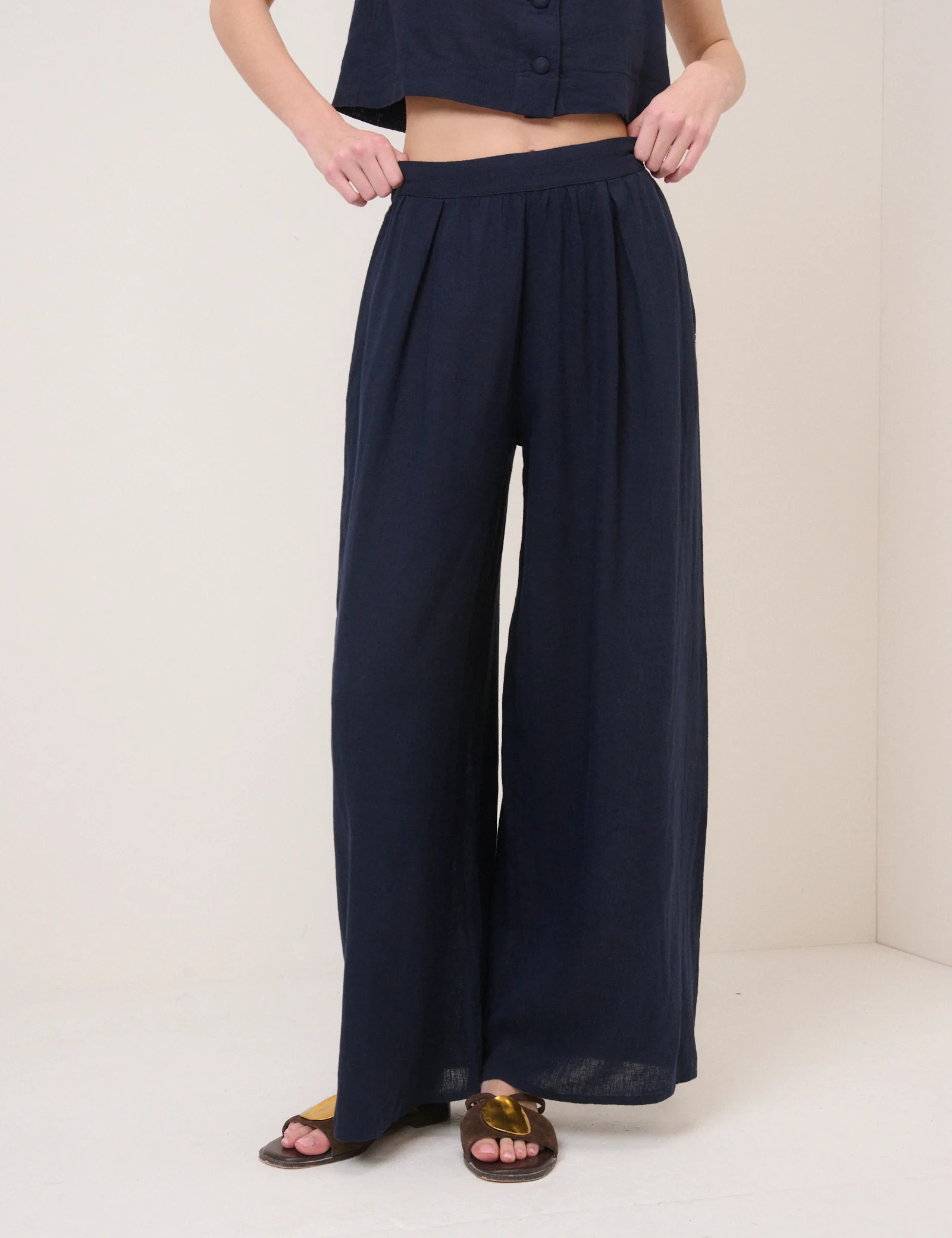 Navy Linen-Blend Wide Leg Jerrow Trousers | Nobody's Child