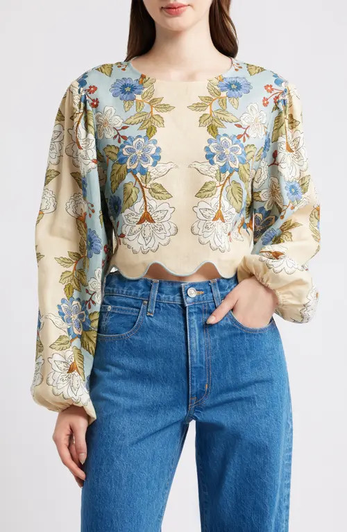 FARM Rio Garden Scarf Print Linen Top in Garden Scarf Blue at Nordstrom, Size Medium | Nordstrom