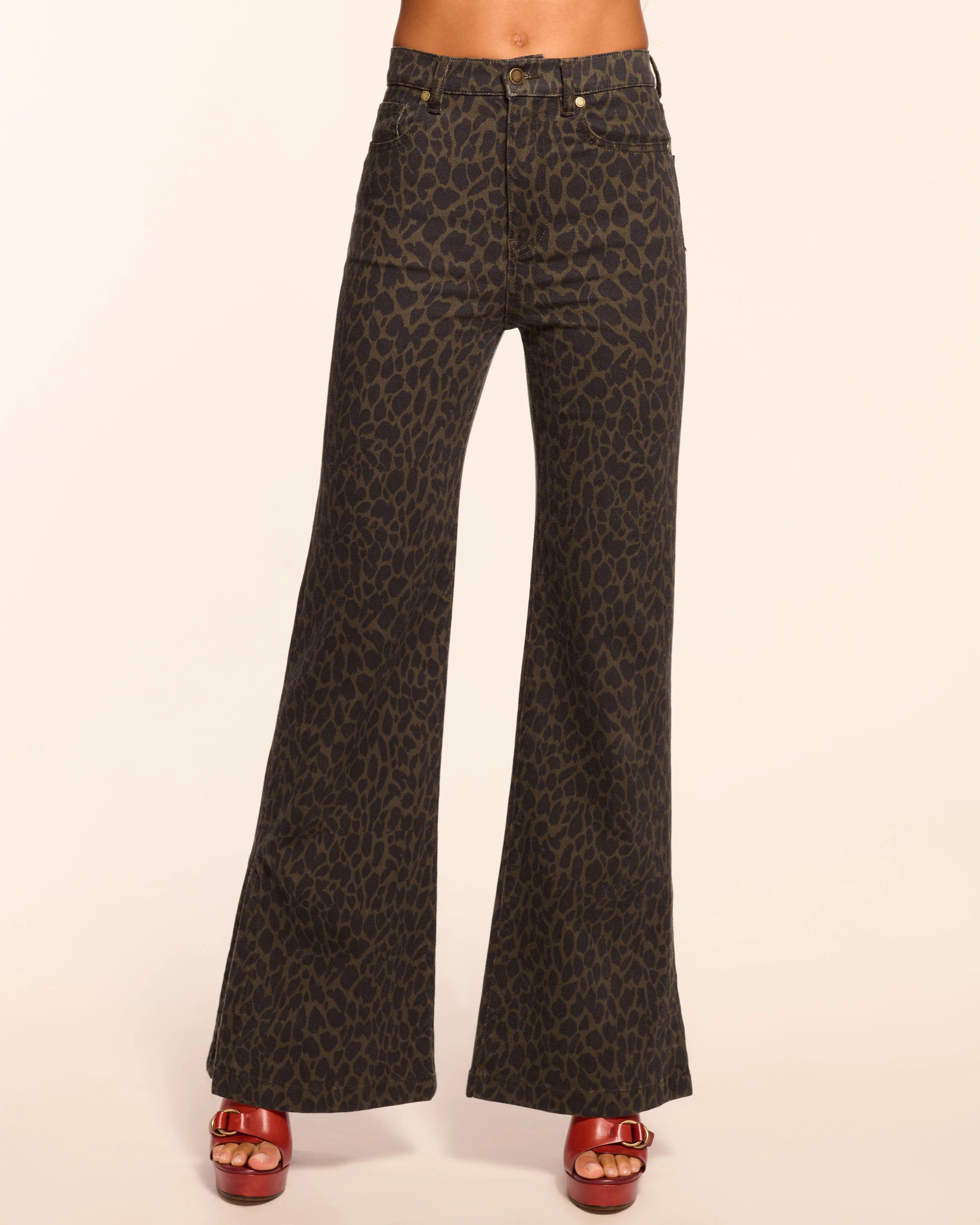 Tyra Printed High-Rise Flare Jean in Olive Animal | Ramy Brook