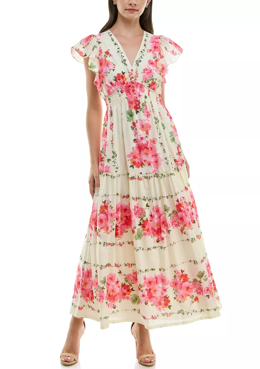 Women's Cap Sleeve V-Neck Floral Fit and Flare Dress | Belk