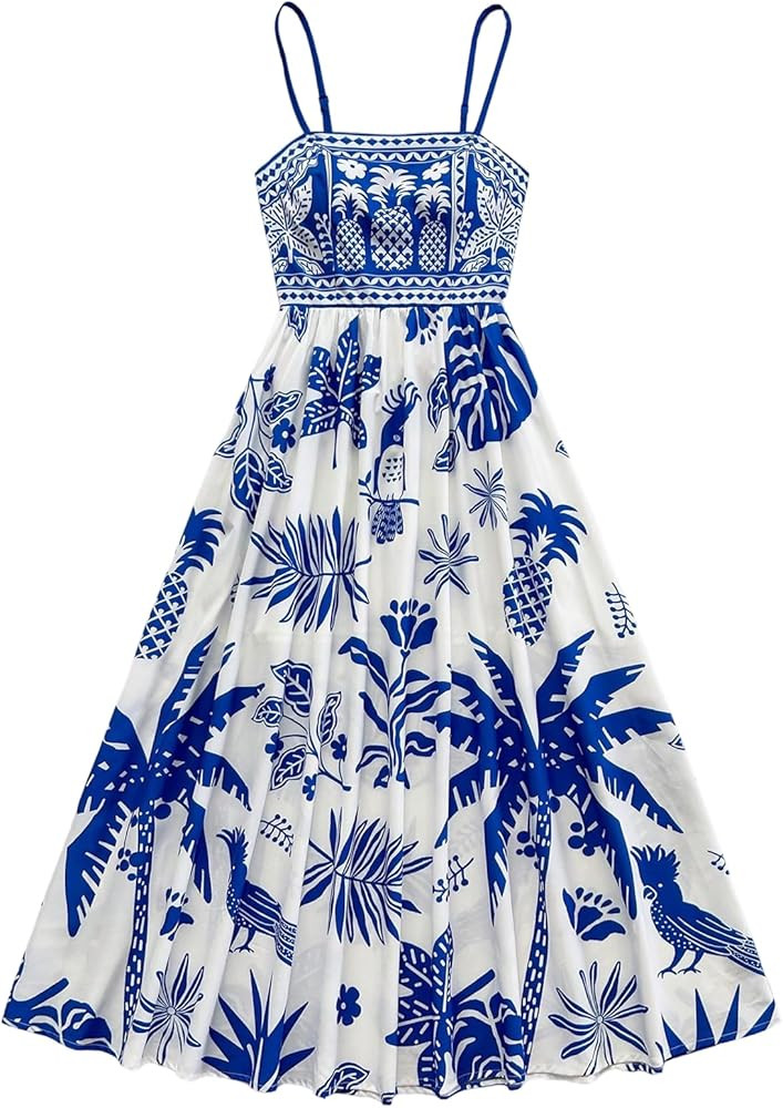 Floerns Women's Tropical Spaghetti Strap Maxi Dress Beach Vacation Summer Flowy Long Dresses | Amazon (US)