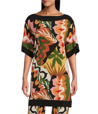 Border Block Printed Boat Neck Elbow Sleeve Coordinating Tunic | Dillard's