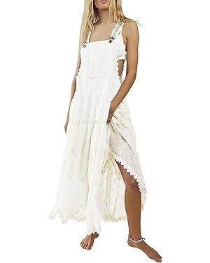 ebossy Women's Laced Embroidered Tulle Bib Dress Casual Loose Adjustable Straps Maxi Dress | Amazon (US)