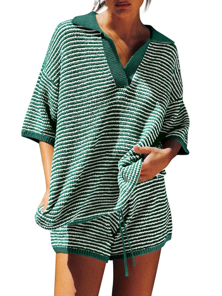 Tankaneo Womens Sweater Set 2 Piece Outfits Oversized 3/4 Sleeve V Neck Knit Tops High Waisted Sh... | Amazon (US)