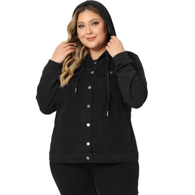 Women's Plus Size Denim Jacket Hood Drawstring Color Block Button Casual Jean Jackets with Pockets - Agnes Orinda 4X Dark Black | Target