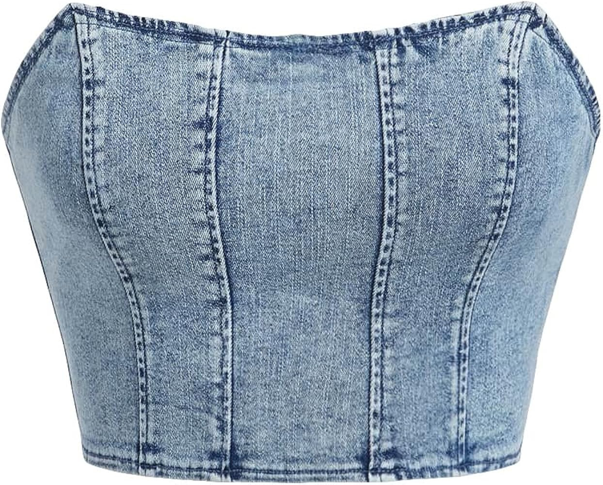 GORGLITTER Women's Sexy Zip Up Backless Strapless Denim Tube Top Sleeveless Crop Denim Tops | Amazon (US)