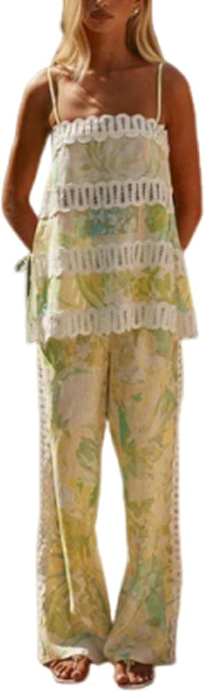 Women's 2 Piece Floral Print Set Lace Trim Cami Top & Wide Leg Pants Set Boho Summer Vacation Out... | Amazon (US)